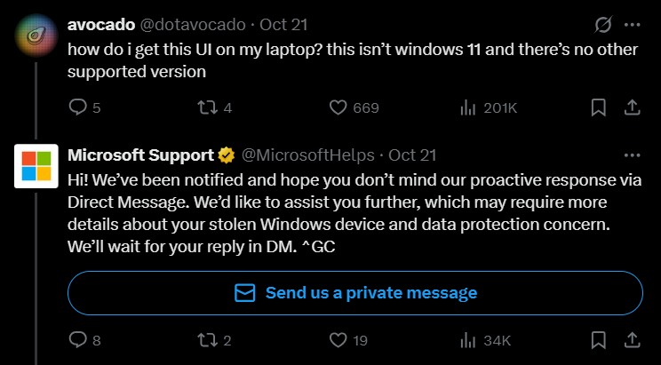 Microsoft Support replies to a user's question without comprehending the context