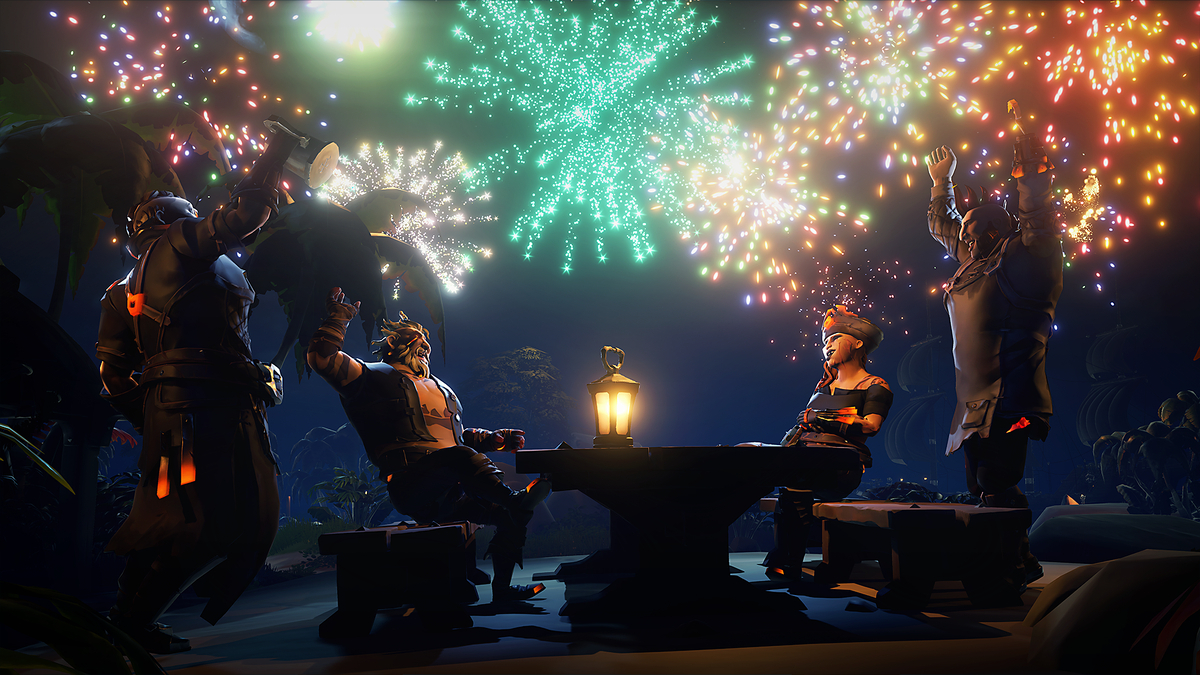 A crew celebrating in Sea of Thieves