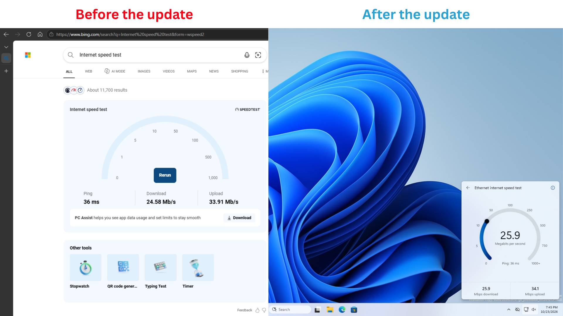 Previously, the speed test shortcut in Windows 11 opened a browser; it now works as a flyout