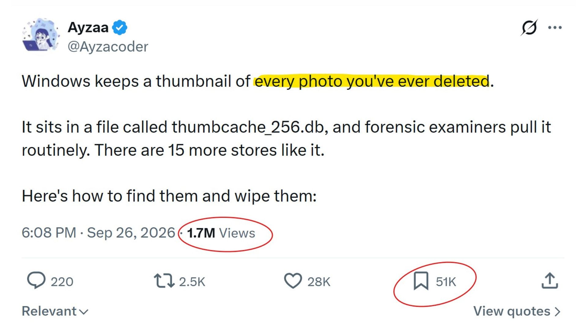 Viral post claiming Windows keeps a thumbnail of every photo you've ever deleted