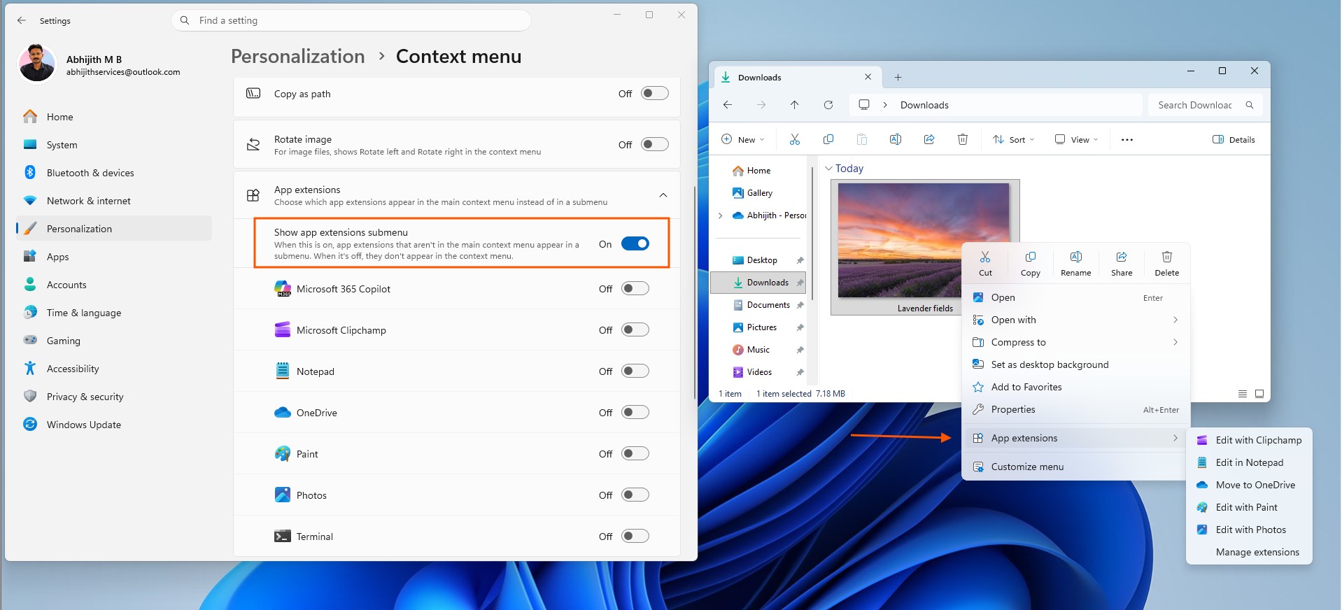 App extensions submenu in the new Windows 11 context menu