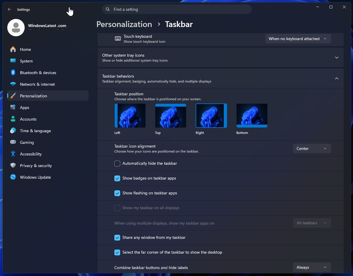 Taskbar position in Windows 11