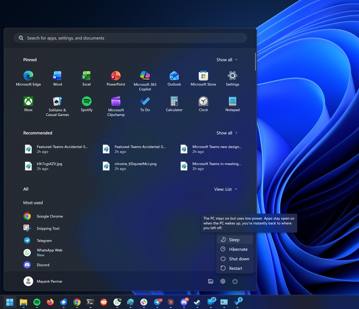 Windows 11의 절전 버튼