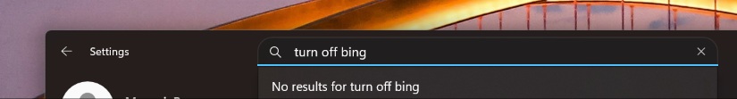 Turn off Bing in Settings