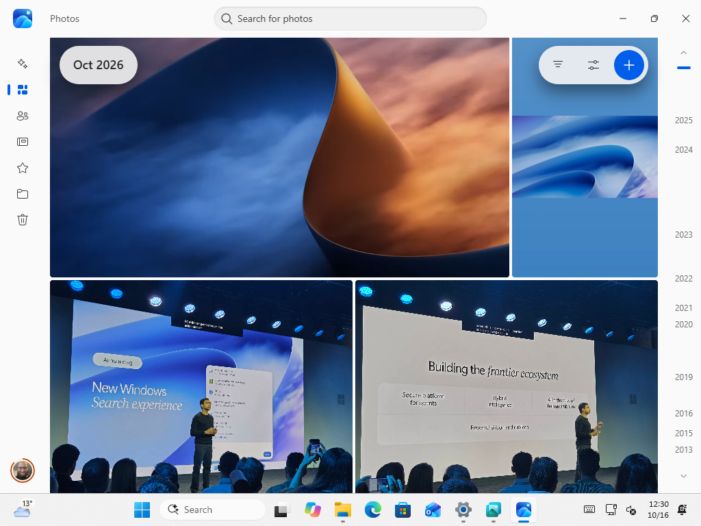 The new Photos app displays photos by date in a Gallery
