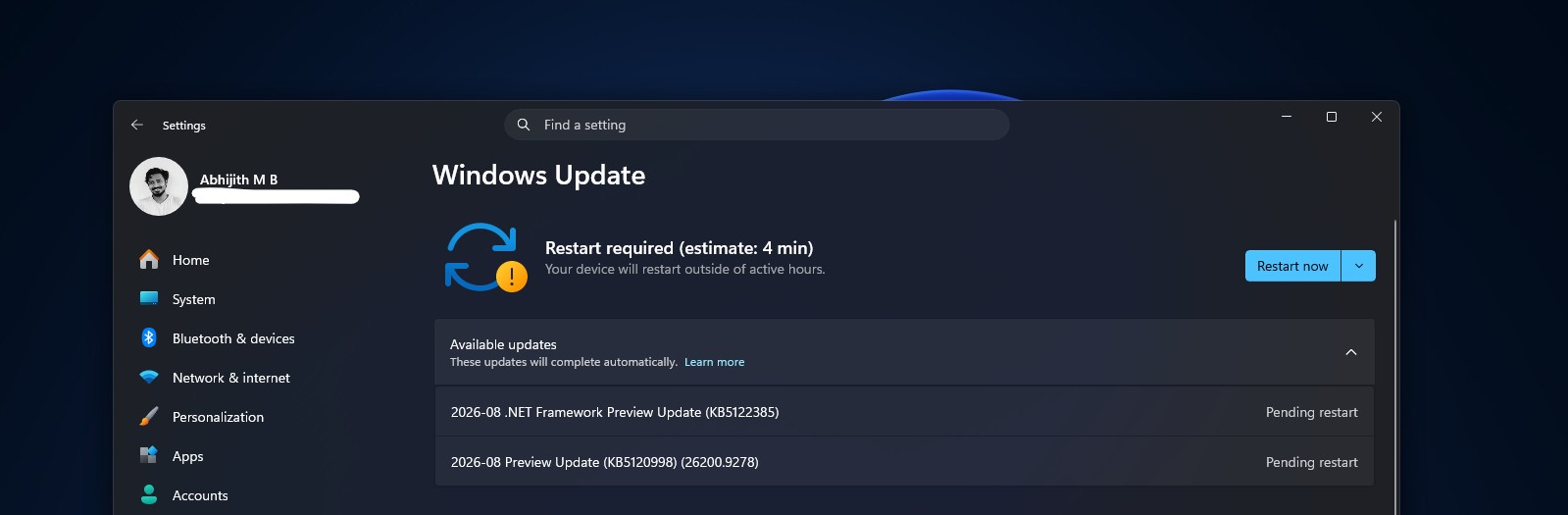 Windows 11 waiting to restart after the August optional update