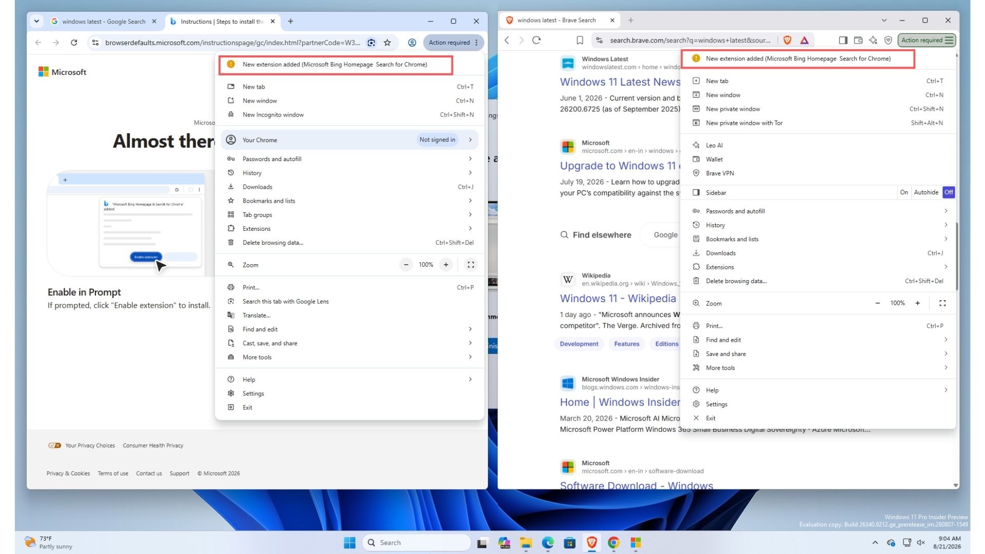 Invitation à installer des extensions définissant Bing par défaut dans Chrome et Brave