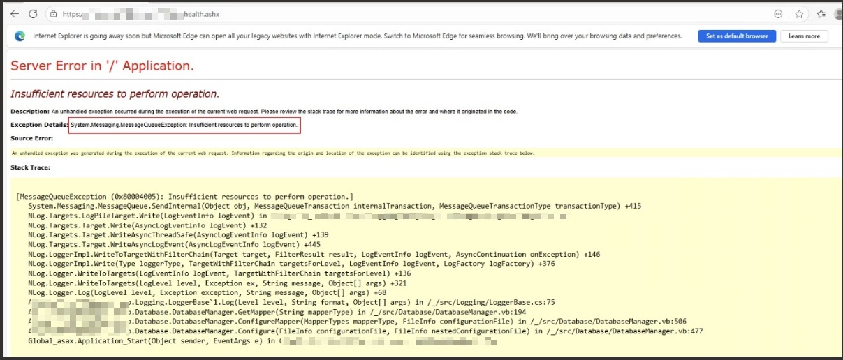 System.Messaging.MessageQueueException Insufficient resources to perform operation.