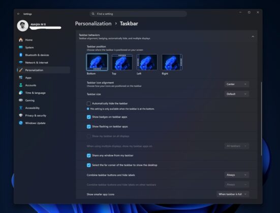 New Taskbar Personalization settings page