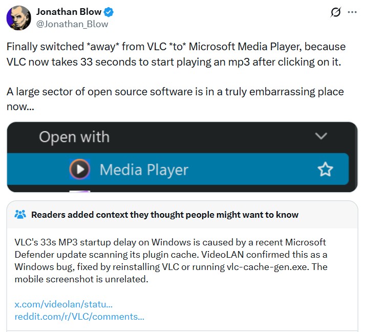 Jonathan Blow X post criticizing VLC