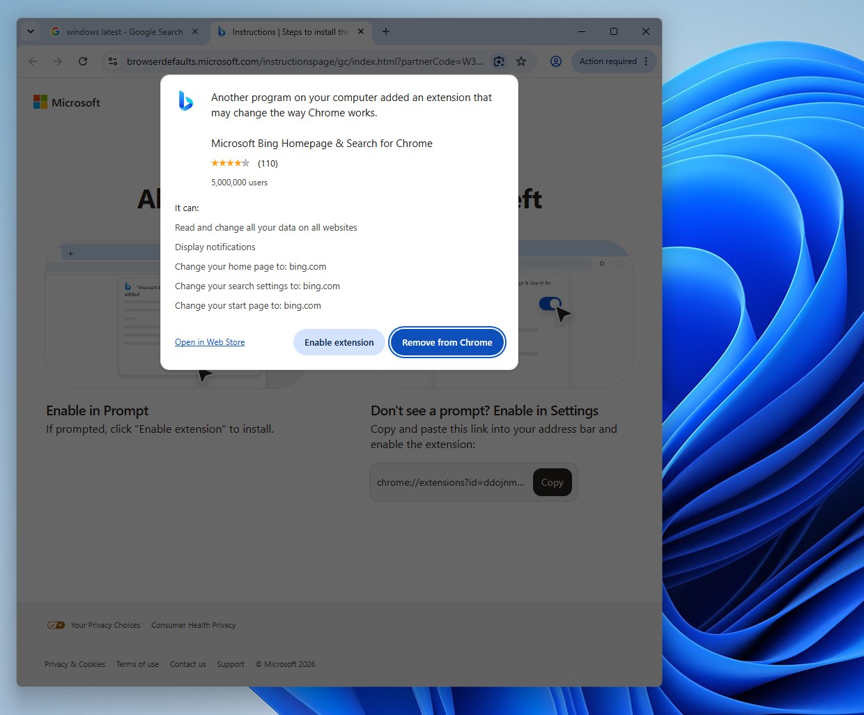 Extension MS permettant de définir Bing par défaut dans Chrome