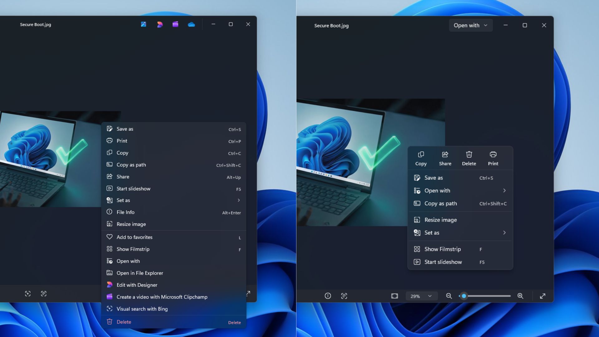 Comparison of the context menus in the old and new Photos apps