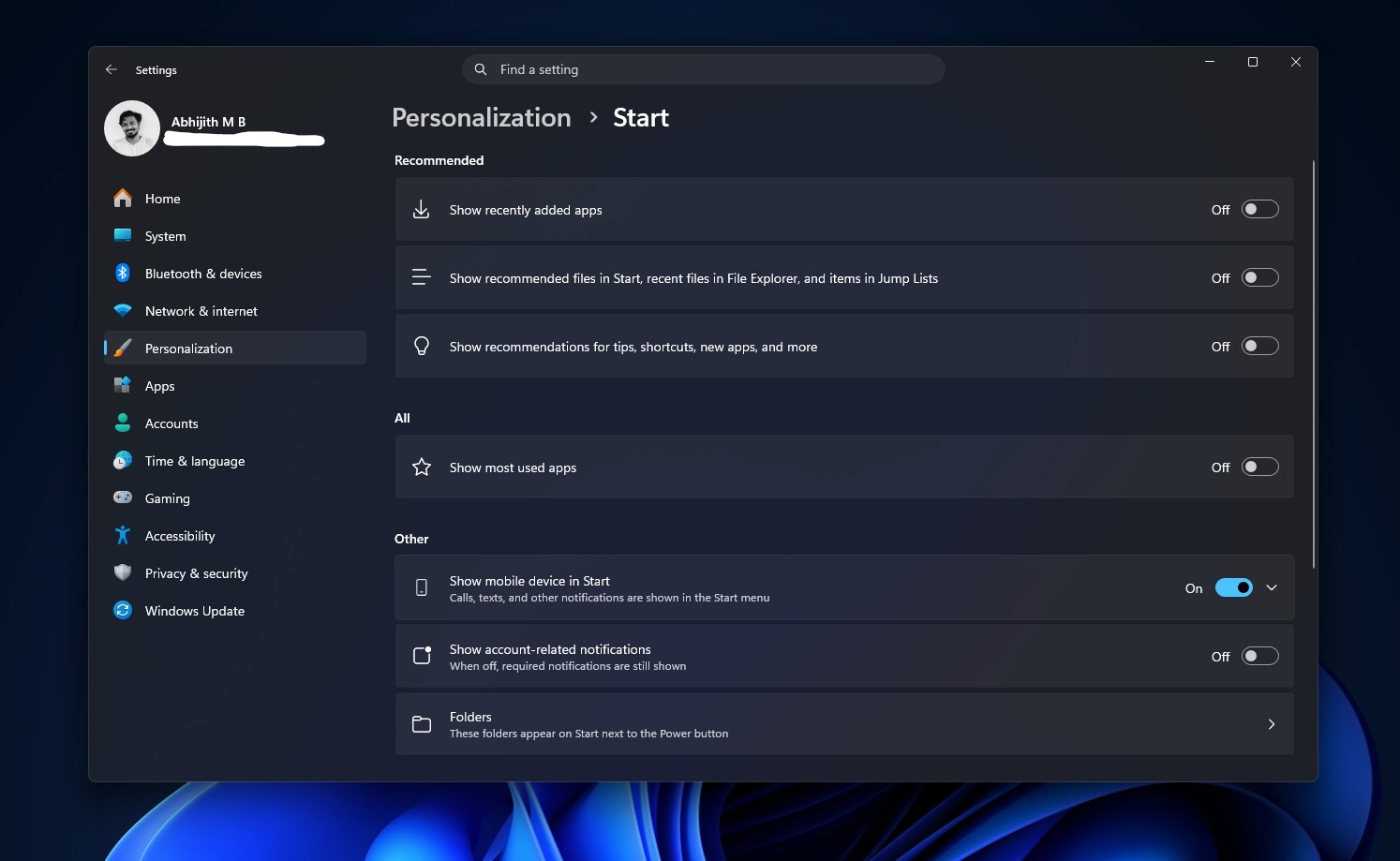 Start menu Personalization settings before the update
