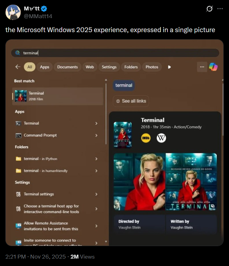 La ricerca di Windows mostra un film invece del Terminale