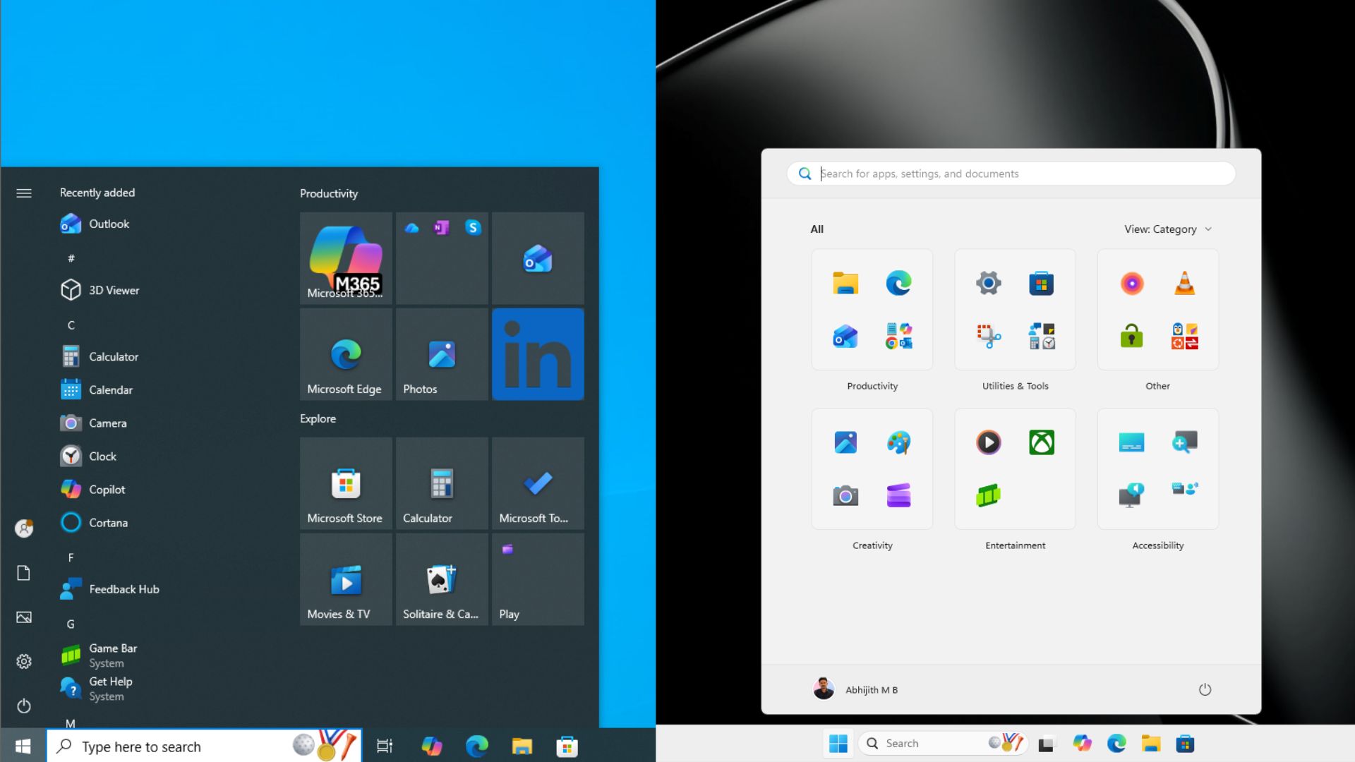 Windows 10 vs Windows 11 Start menu