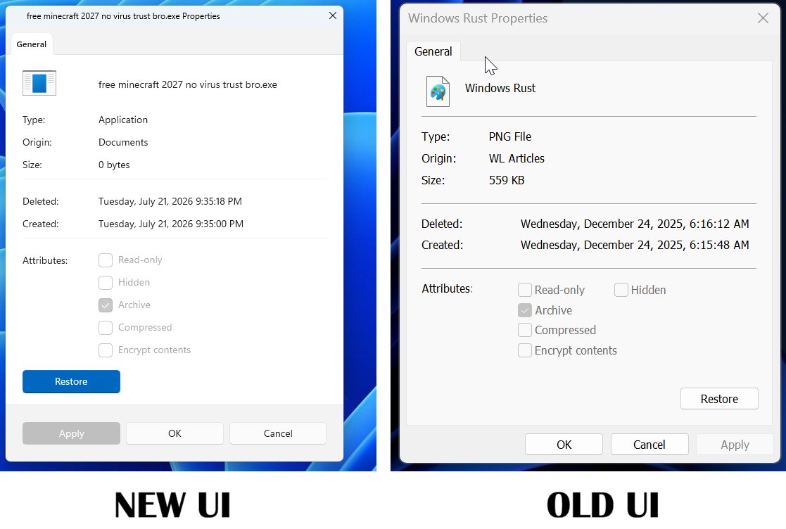 Nouvelle interface utilisateur et ancienne interface utilisateur de la feuille de propriétés dans Windows 11