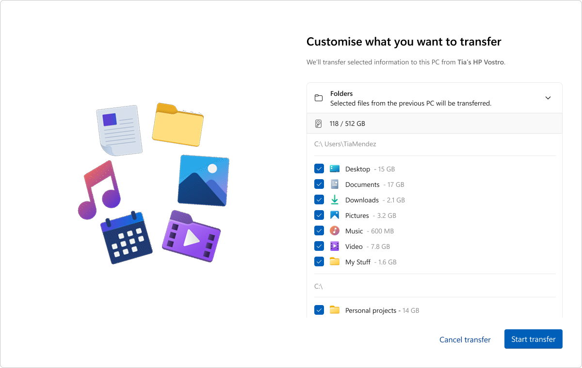 Options for customizing data transferred between Windows 11 PCs