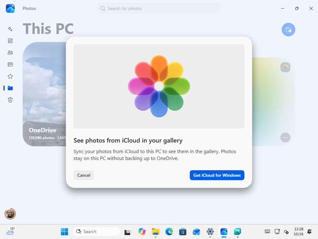 Prompt to install iCloud for Windows