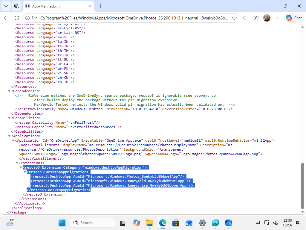The OneDrive Photos manifest lists the old Photos app in its migration settings