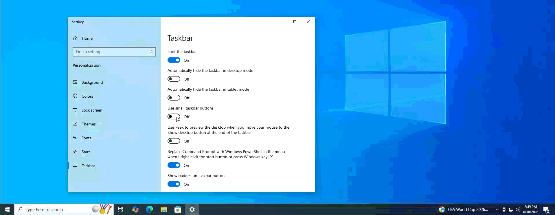 Windows 10에서 더 작은 작업 표시줄