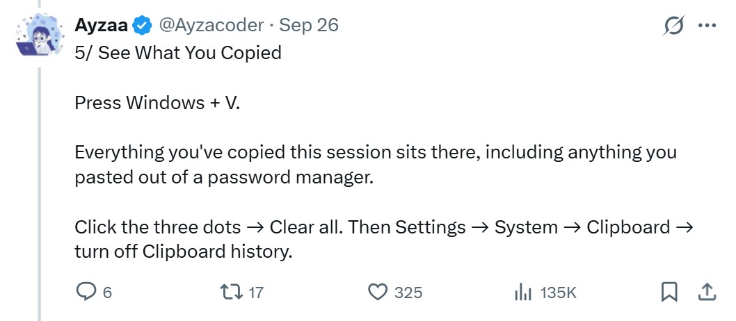 X post fearmongers Windows Clipboard history