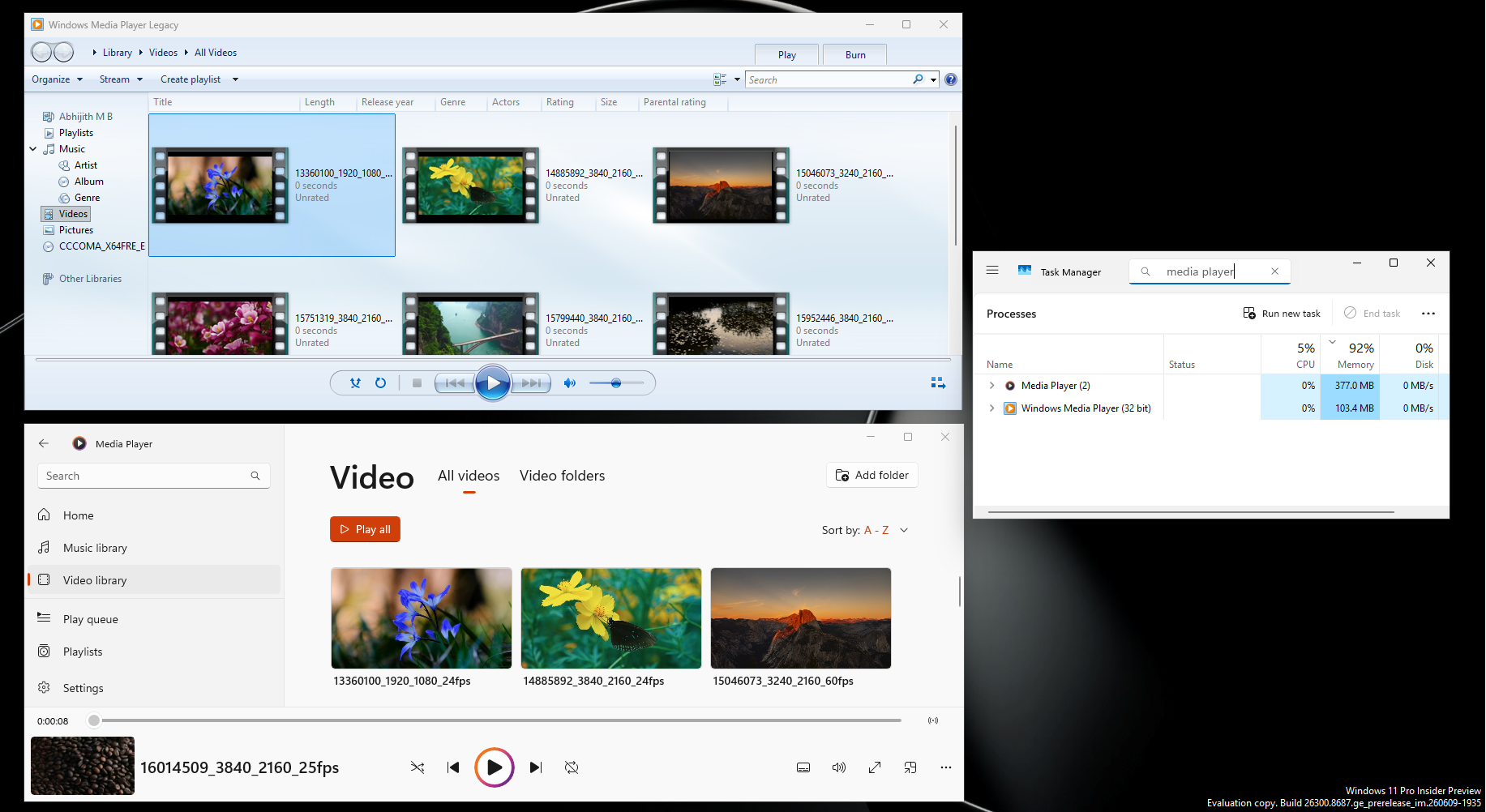 Windows Media Player RAM usage compared with Legacy