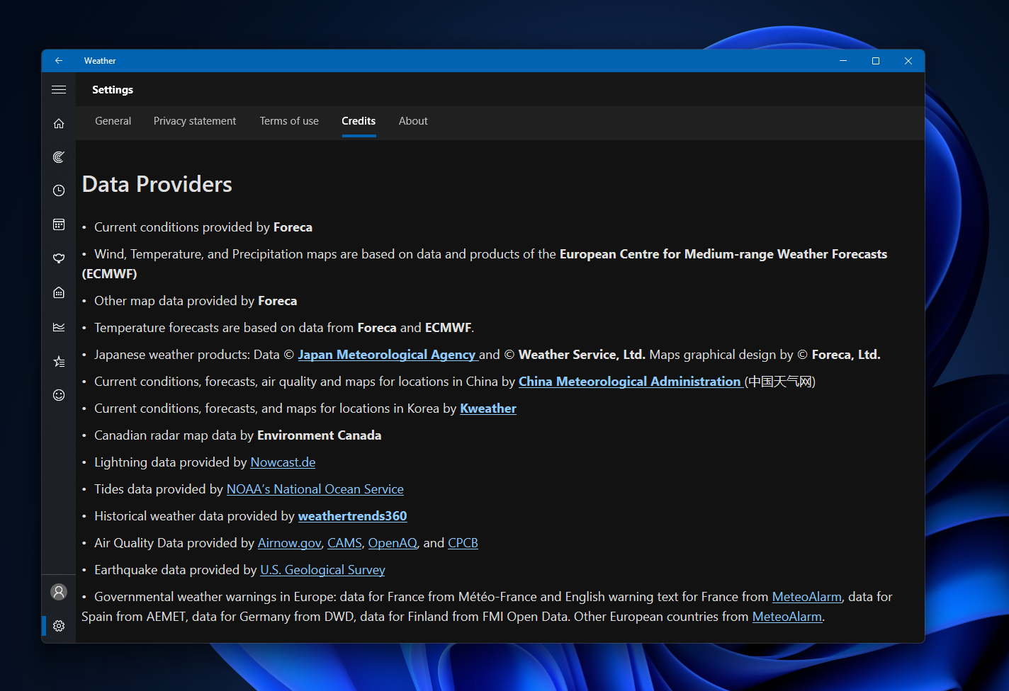 Windows 11 MSN Weather 앱의 날씨 데이터 제공 업체