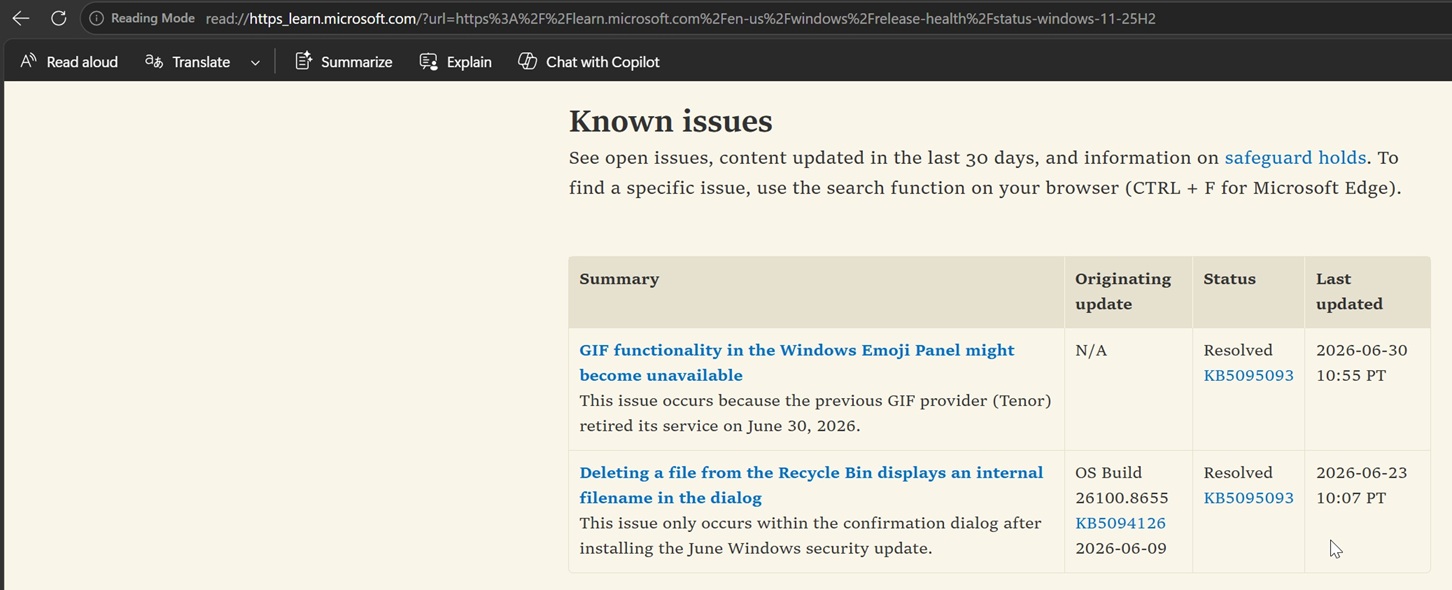 Problemi noti del dashboard di Windows