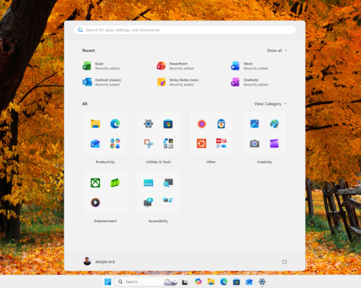 New Start menu with pinned apps disabled