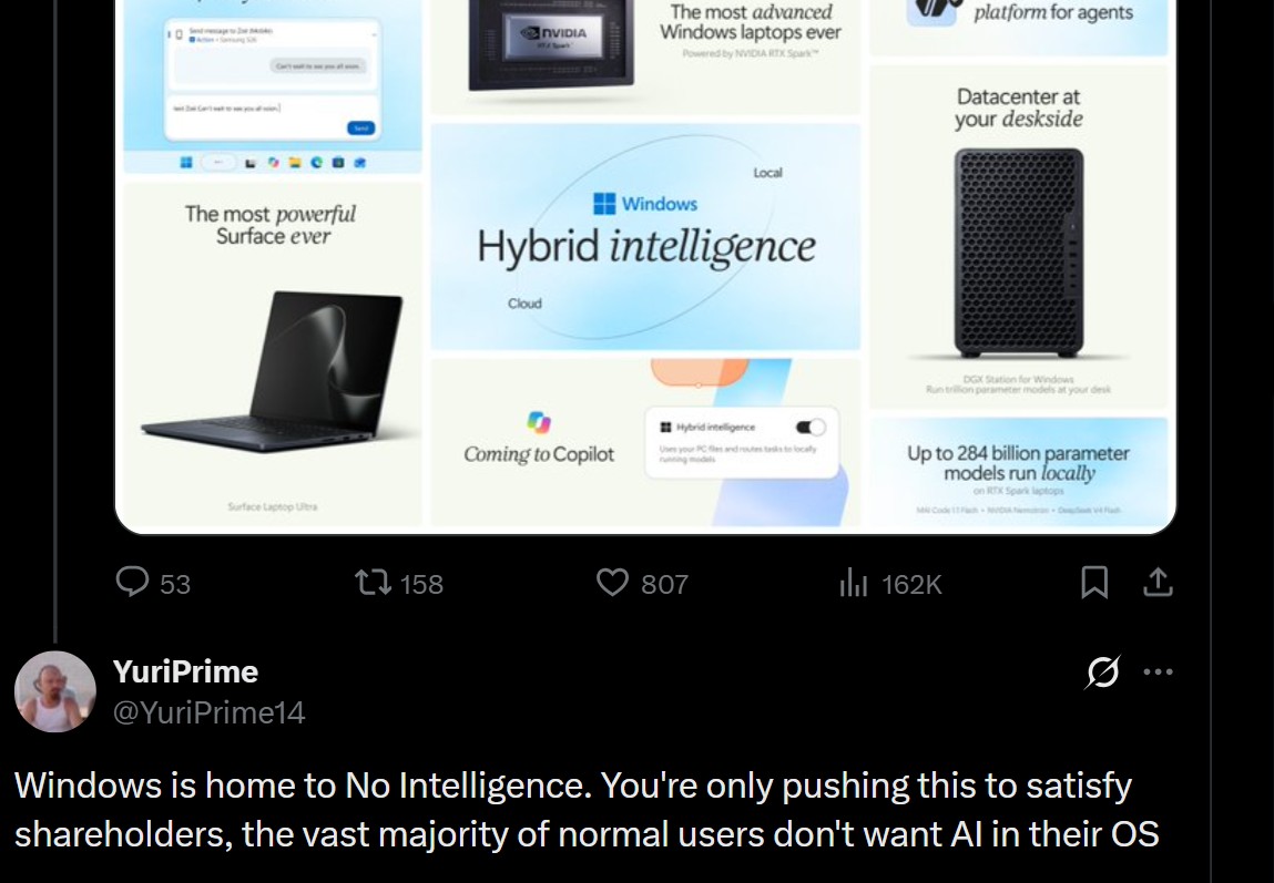 User making it clear that they do not want any more AI in Windows