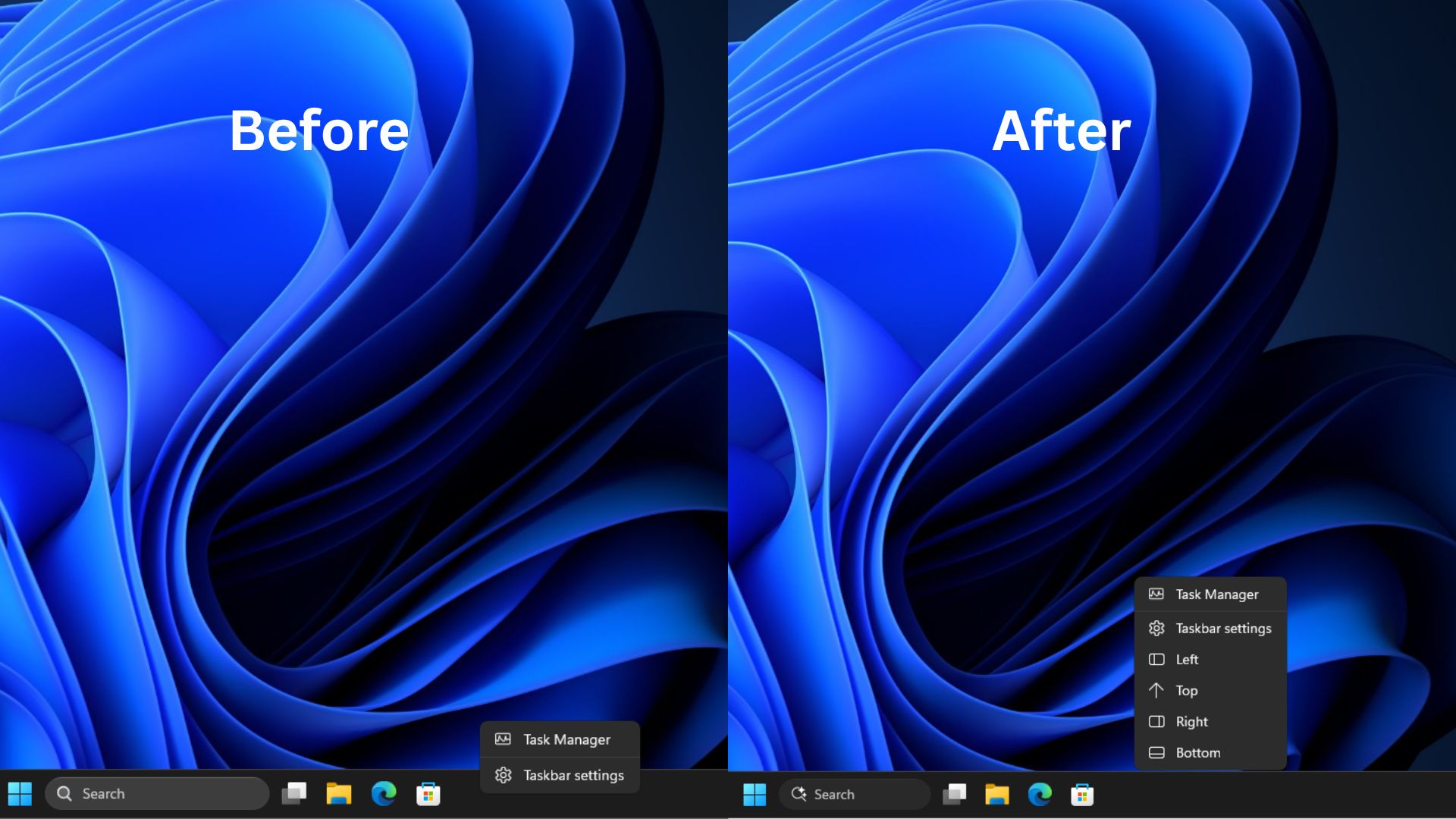 Before and after comparison of the taskbar right-click menu used to move the taskbar