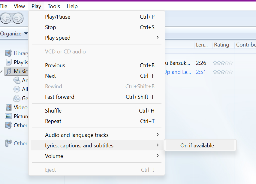 Lyrics, captions, and subtitles option in legacy media player after update