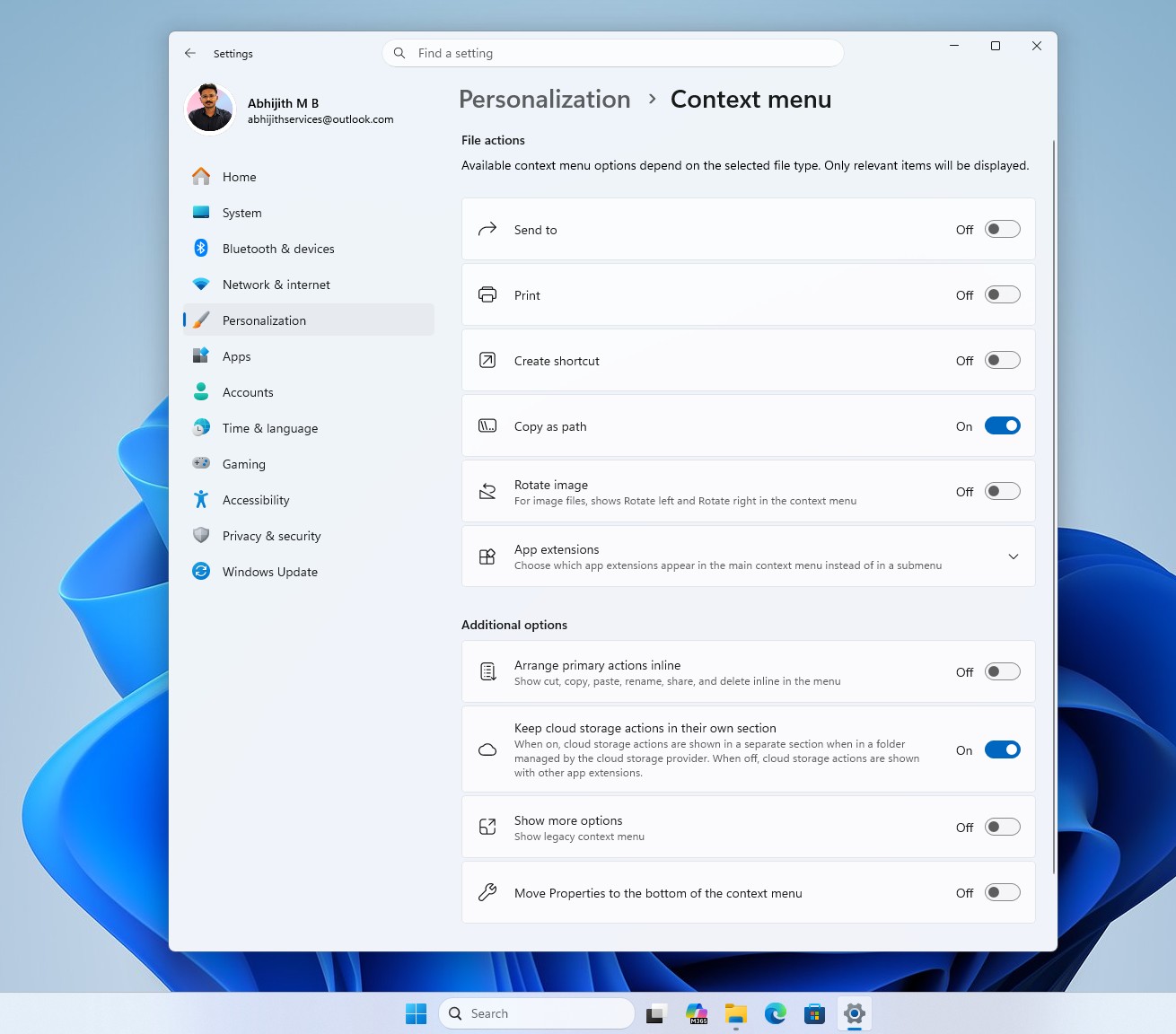 New context menu customization page in Windows 11