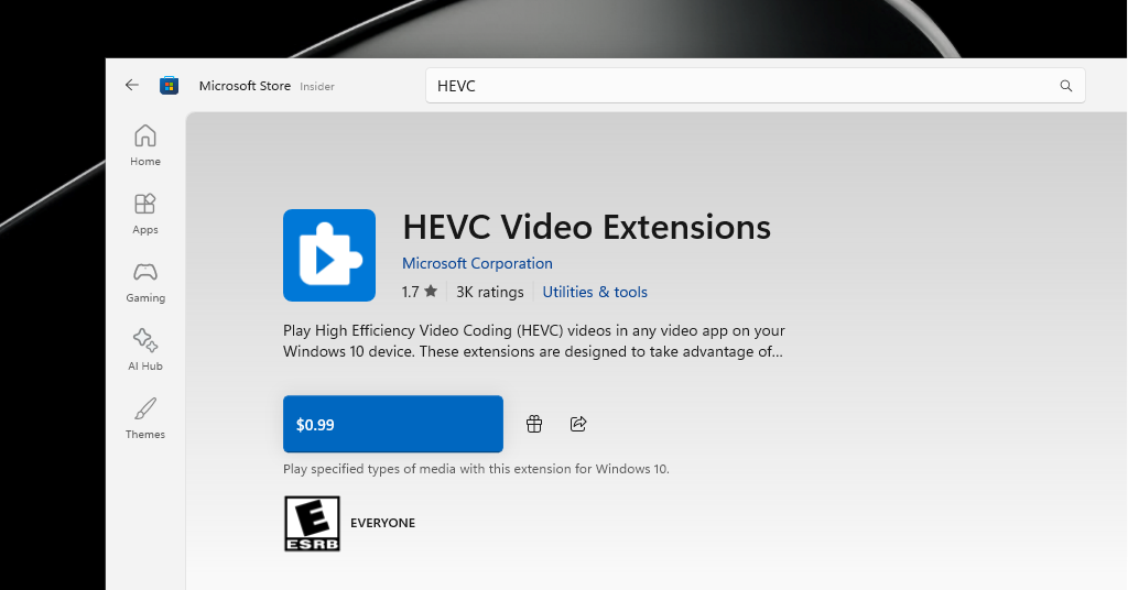 HEVC Video Extensions in MS Store