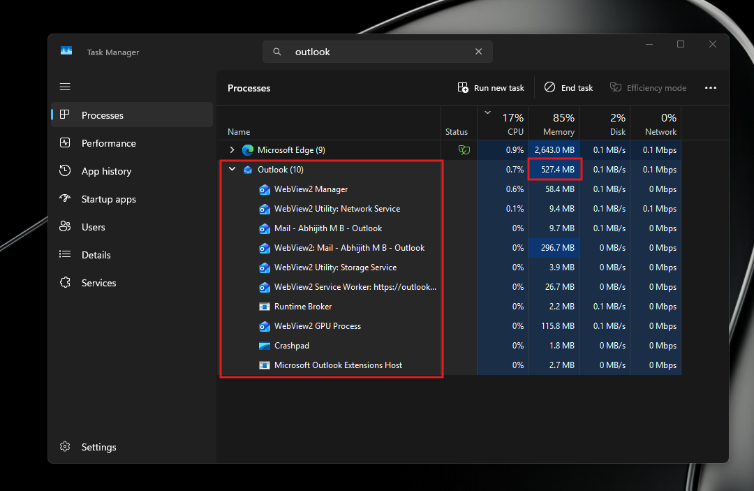 Outlook RAM usage with open processes
