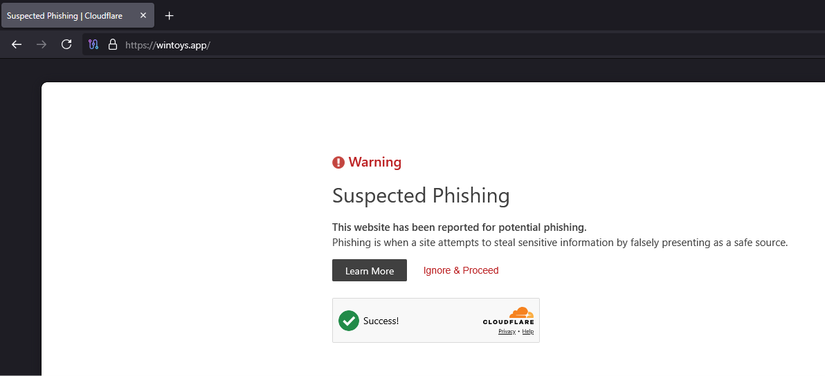 Cloudflare označil falešný web Wintoys jako podezřelý phishing