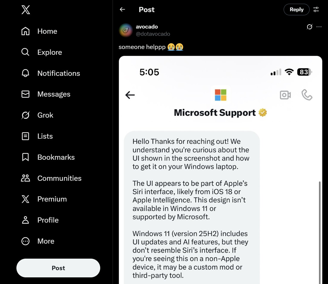 Microsoft Support sends DM to a user after wrongly understanding the context of the user's query