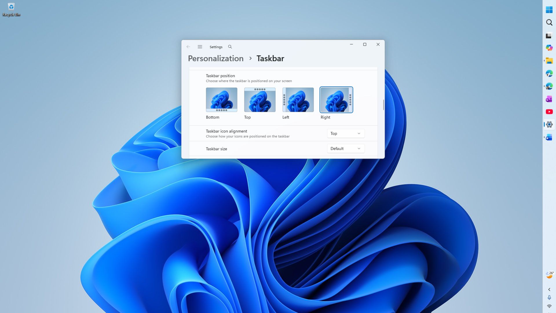 Right-aligned vertical taskbar in Windows 11