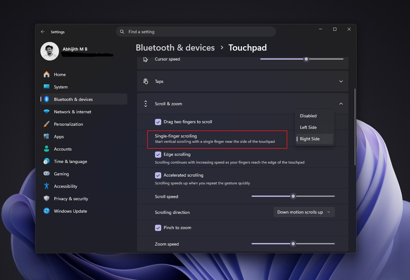 Single-finger scrolling settings in Windows 11