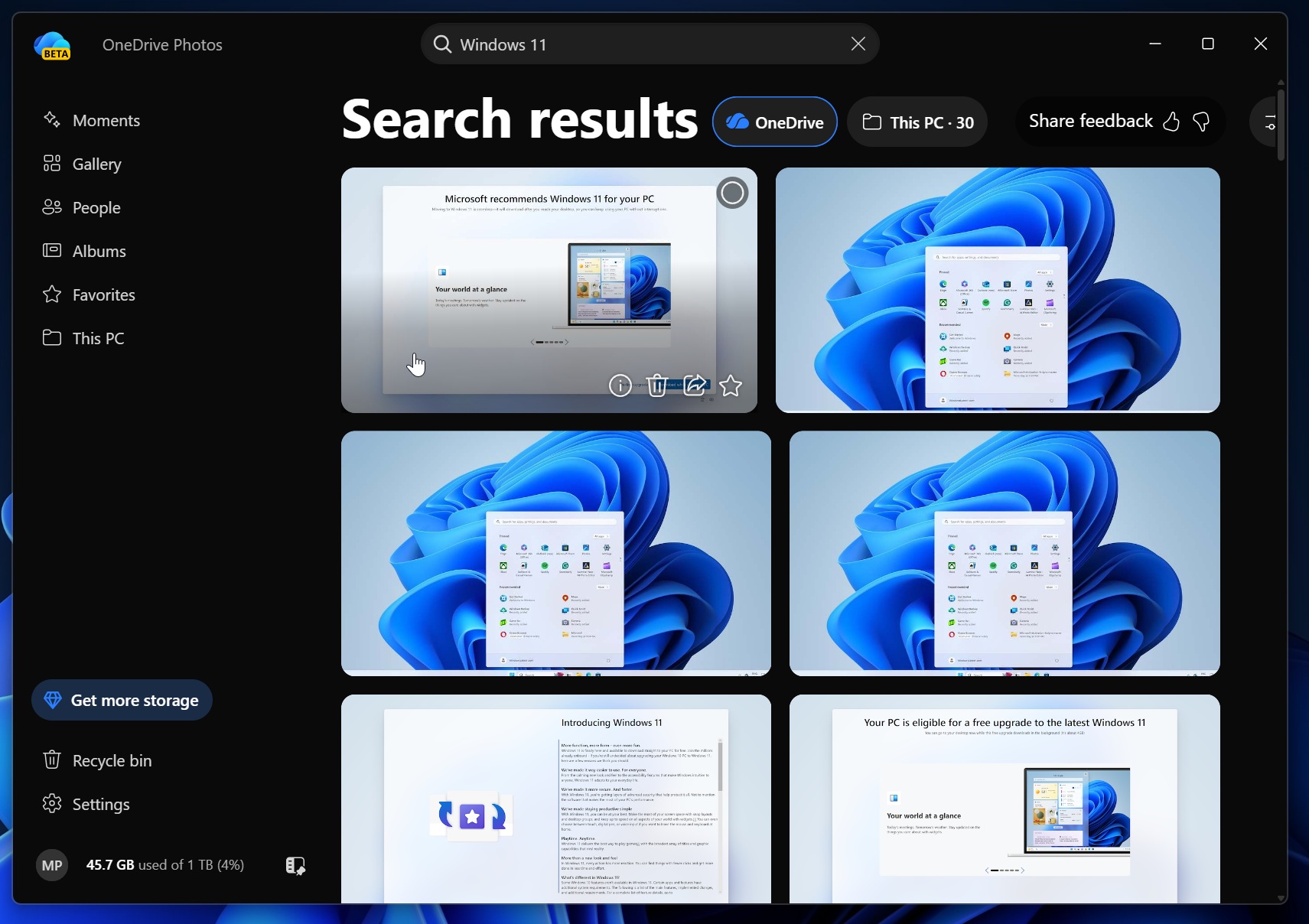 OneDrive Photos 검색 페이지