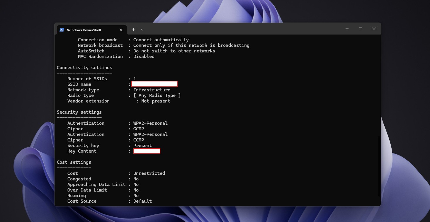 Command displaying the Wi-Fi password
