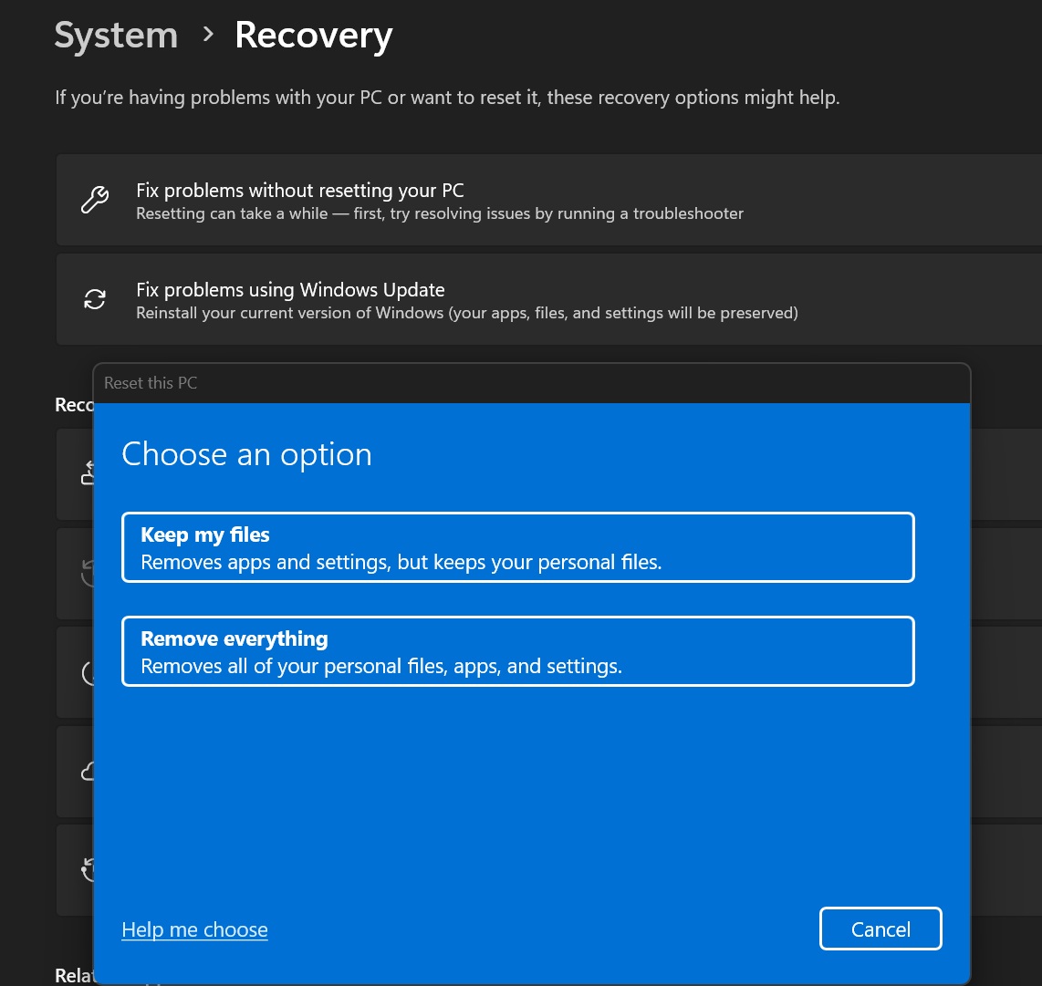 Reset this PC on Windows 11