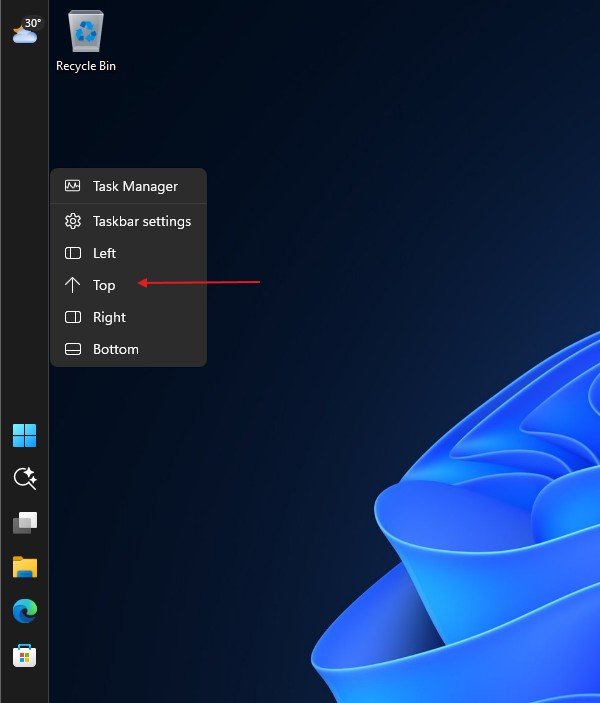 The Top option uses an arrow while the other icons depict their respective taskbar positions