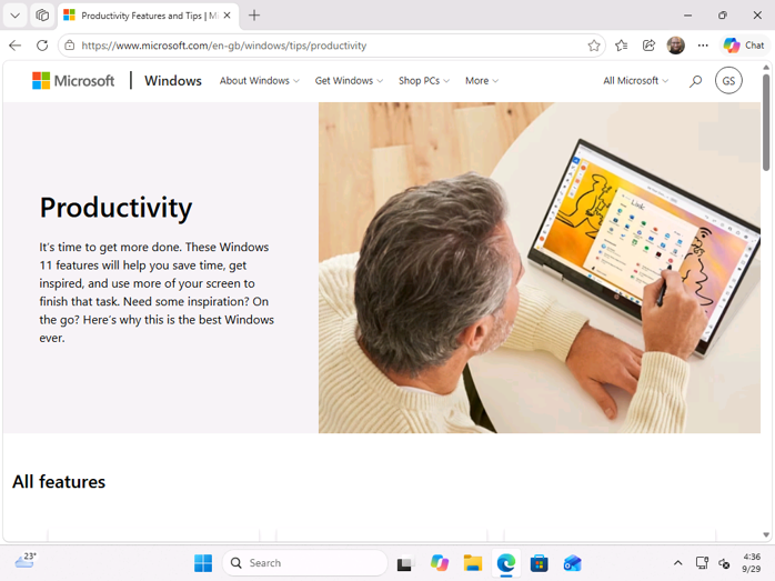 MS’s Productivity Tips page opened from the Tips widget