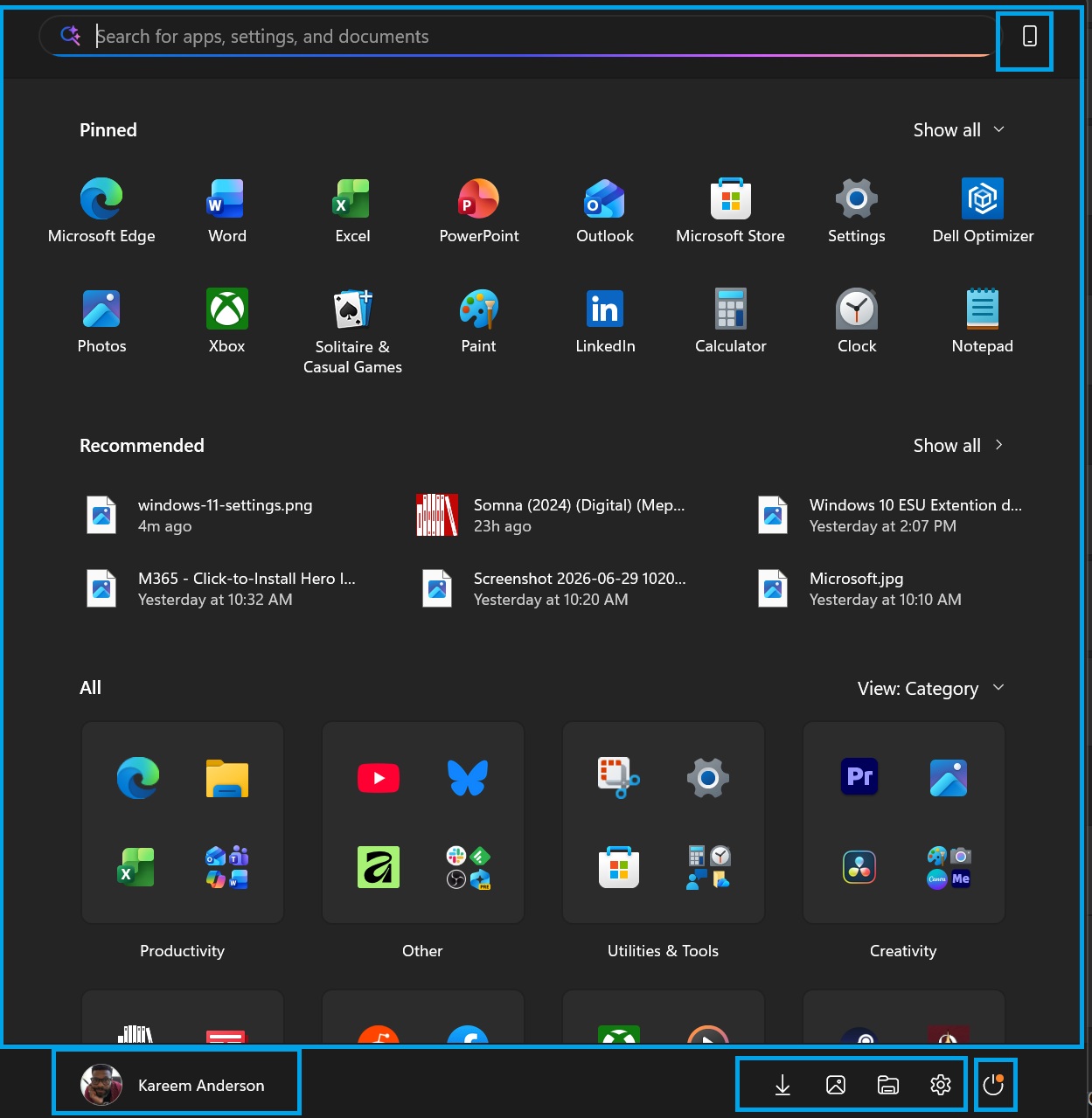 Příklad konfigurace nabídky Start v JSON pro firmy