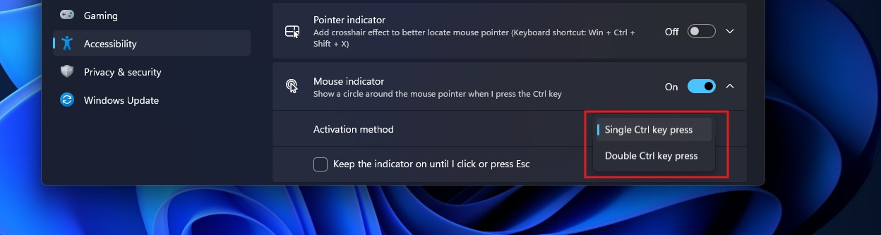 Mouse Indicator activates with a single Ctrl press by default, but users can select a double Ctrl press