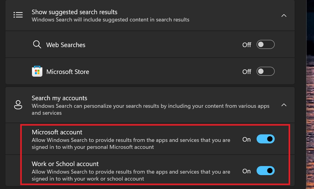 Turn off MS account in Search