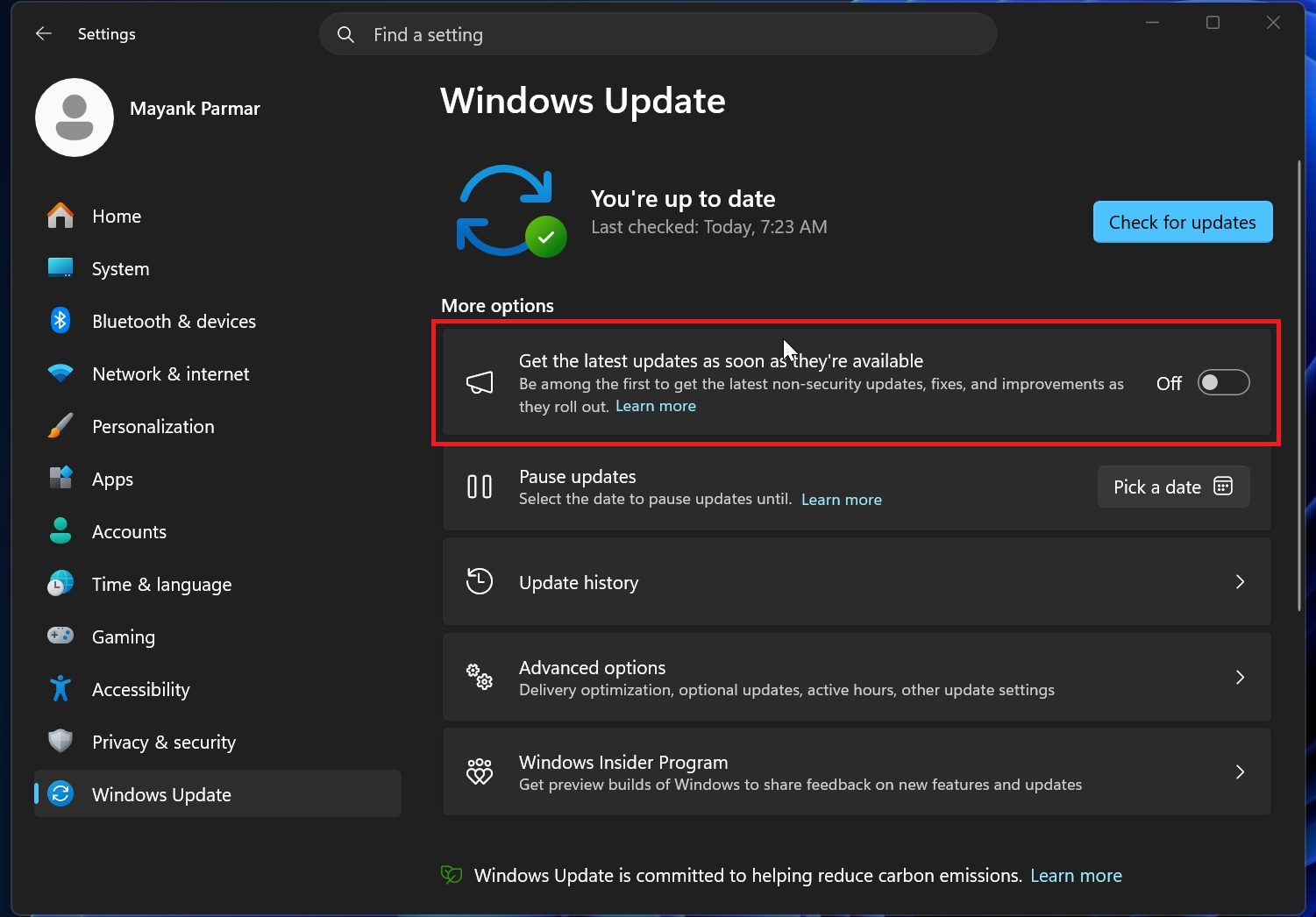 Get the latest updates toggle in Windows 11