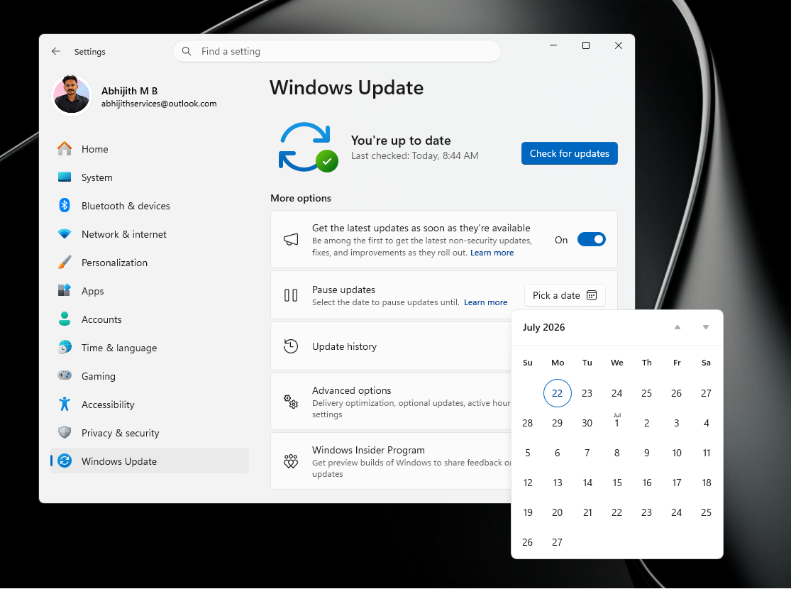 Calendario per mettere in pausa gli aggiornamenti in Windows 11
