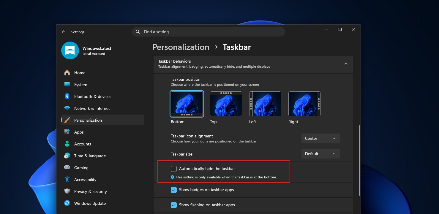 Windows 11 cannot automatically hide the taskbar unless it is positioned at the bottom